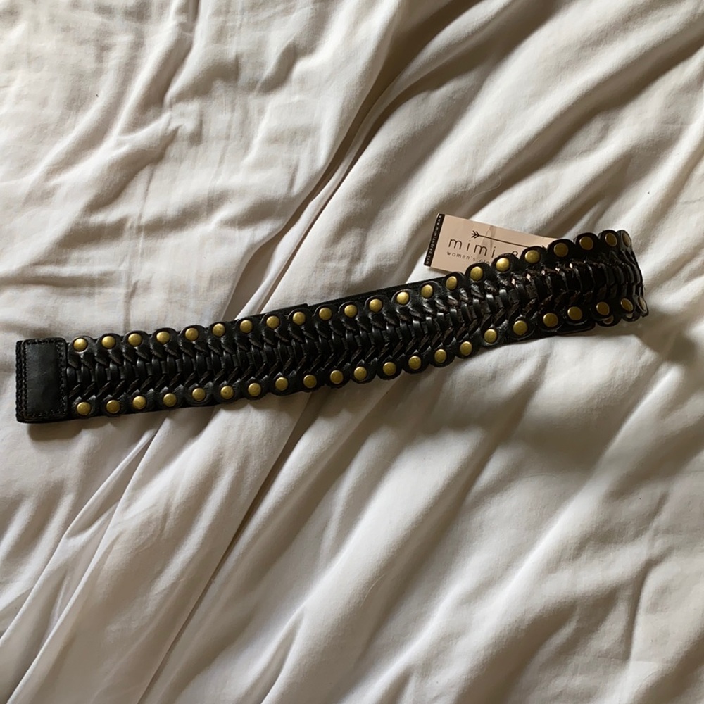 Black faux leather belt with brass studs